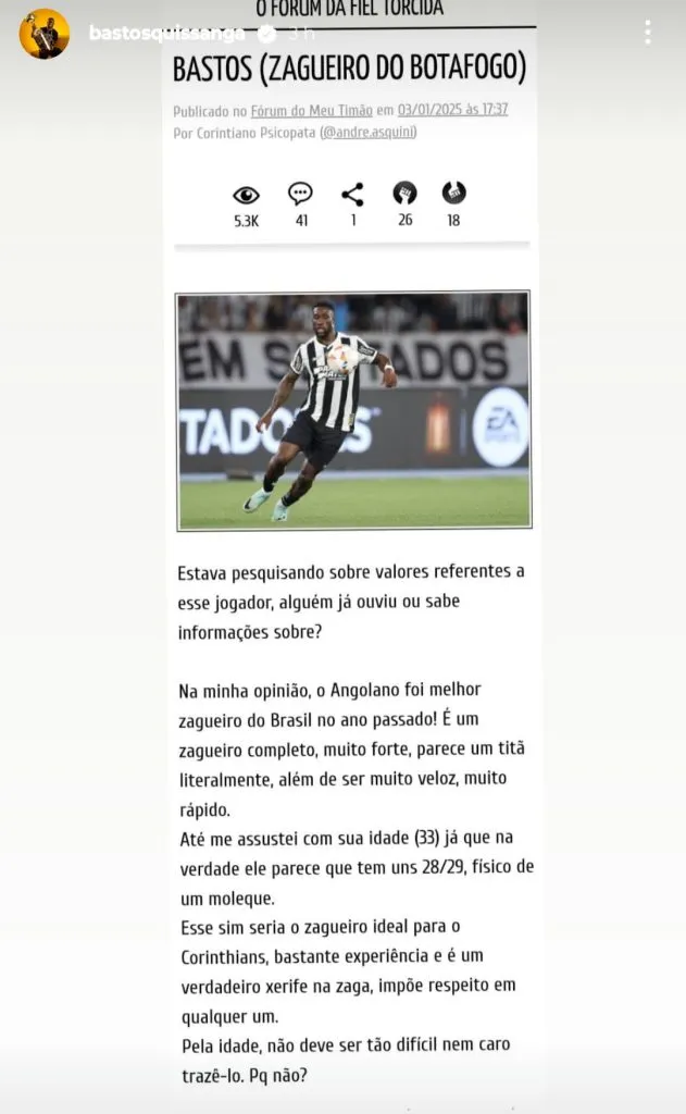 Bastos agitou os torcedores – Foto: Reprodução/Instagram