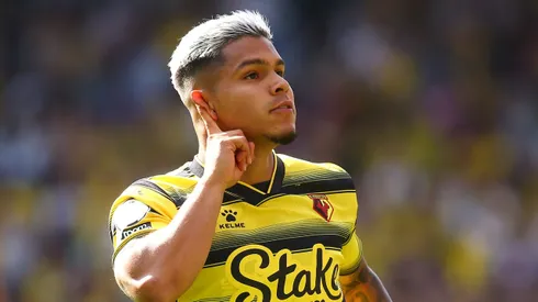 Cucho Hernandez of Watford celebrates after scoring their side's third goal during the Premier League match between Watford and Aston Villa at Vicarage Road on August 14, 2021 in Watford, England.
