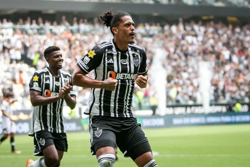 Mauricio Lemos jogador do Atletico-MG comemora seu gol durante partida contra o Democrata na Arena MRV pelo campeonato Mineiro 2024. Foto: Fernando Moreno/AGIF