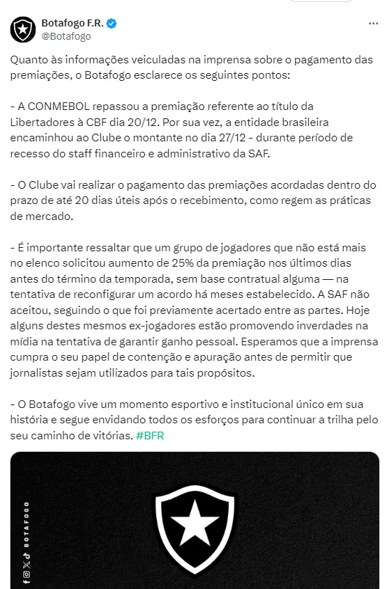 Nota lançada pelo Botafogo (Reprodução)