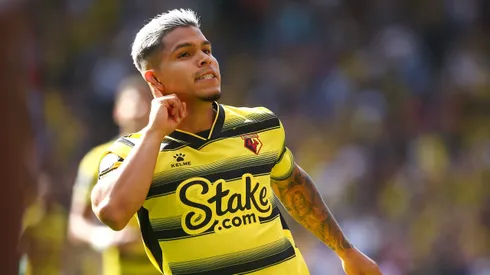 Cucho Hernandez of Watford celebrates after scoring their side's third goal during the Premier League match between Watford and Aston Villa at Vicarage Road on August 14, 2021 in Watford, England. . (Photo by Charlie Crowhurst/Getty Images
