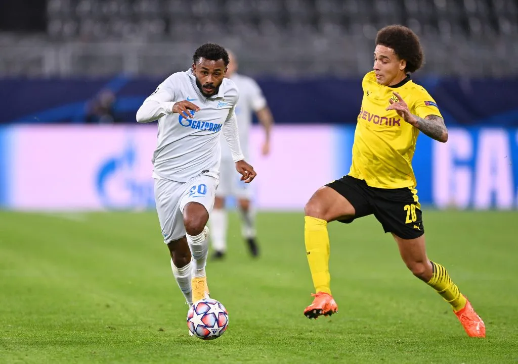 Wendel of Zenit St. Petersburg gets away from Axel Witsel of Borussia Dortmund  during the UEFA Champions League Group F stage match between Borussia Dortmund and Zenit St. Petersburg at Signal Iduna Park on October 28, 2020 in Dortmund, Germany. Sporting stadiums around Dortmund remain under strict restrictions due to the Coronavirus Pandemic as Government social distancing laws prohibit fans inside venues resulting in games being played behind closed doors. (Photo by Lukas Schulze/Getty Images)