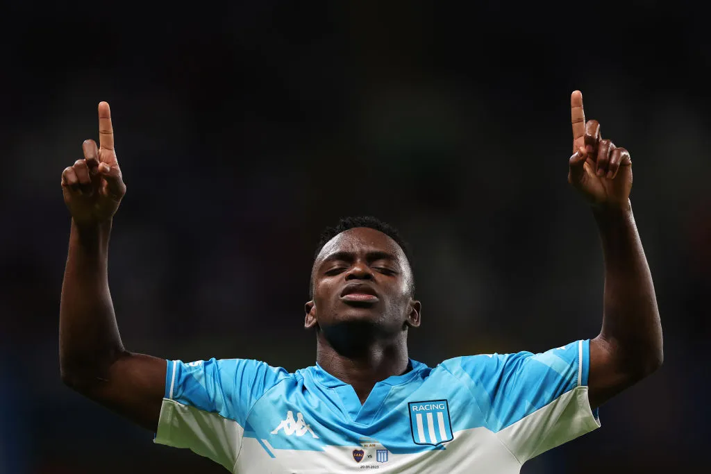 AL AIN, UNITED ARAB EMIRATES – JANUARY 20: Johan Carbonero of Racing Club celebrates after scoring the team’s first goal during the Supercopa Argentina Final match between Boca Juniors and Racing Club at Hazza bin Zayed Stadium on January 20, 2023 in Al Ain, United Arab Emirates. (Photo by Christopher Pike/Getty Images)