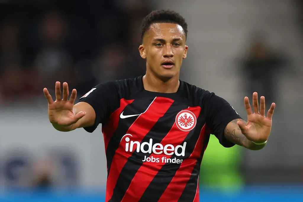 FRANKFURT AM MAIN, GERMANY – APRIL 05: Tuta of Eintracht Frankfurt gestures as he reacts during the Bundesliga match between Eintracht Frankfurt and SV Werder Bremen at Deutsche Bank Park on April 05, 2024 in Frankfurt am Main, Germany. (Photo by Alexander Hassenstein/Getty Images)