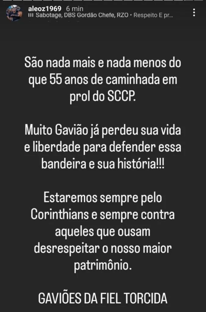 Resposta de Alê, presidente da Gaviões para o ex-diretor do Corinthians. Foto: Reprodução