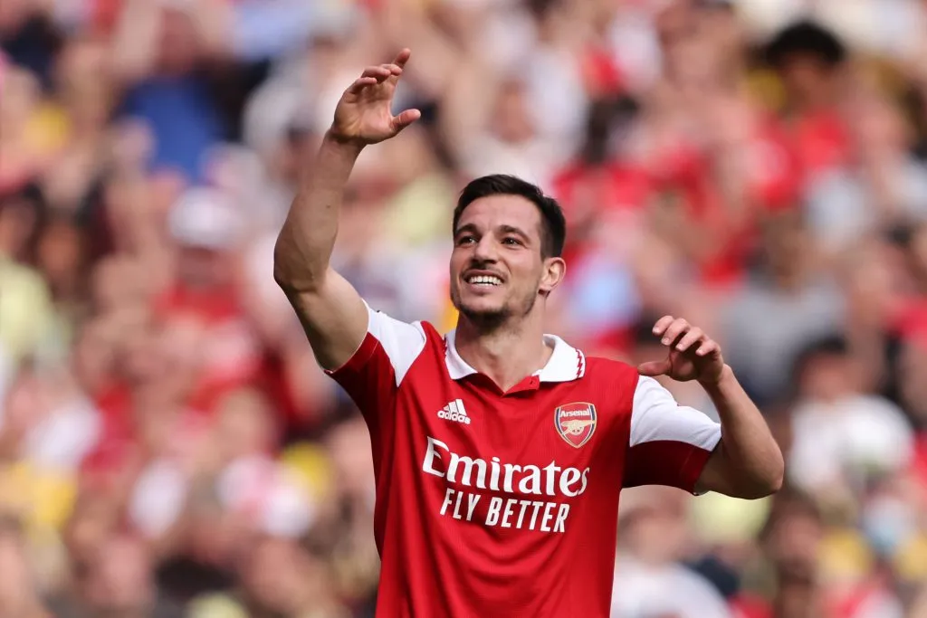 Cedric Soares of Arsenal celebrates after scoring their team’s third goal during the Premier League match between Arsenal and Everton at Emirates Stadium on May 22, 2022 in London, England. (Photo by Marc Atkins/Getty Images)