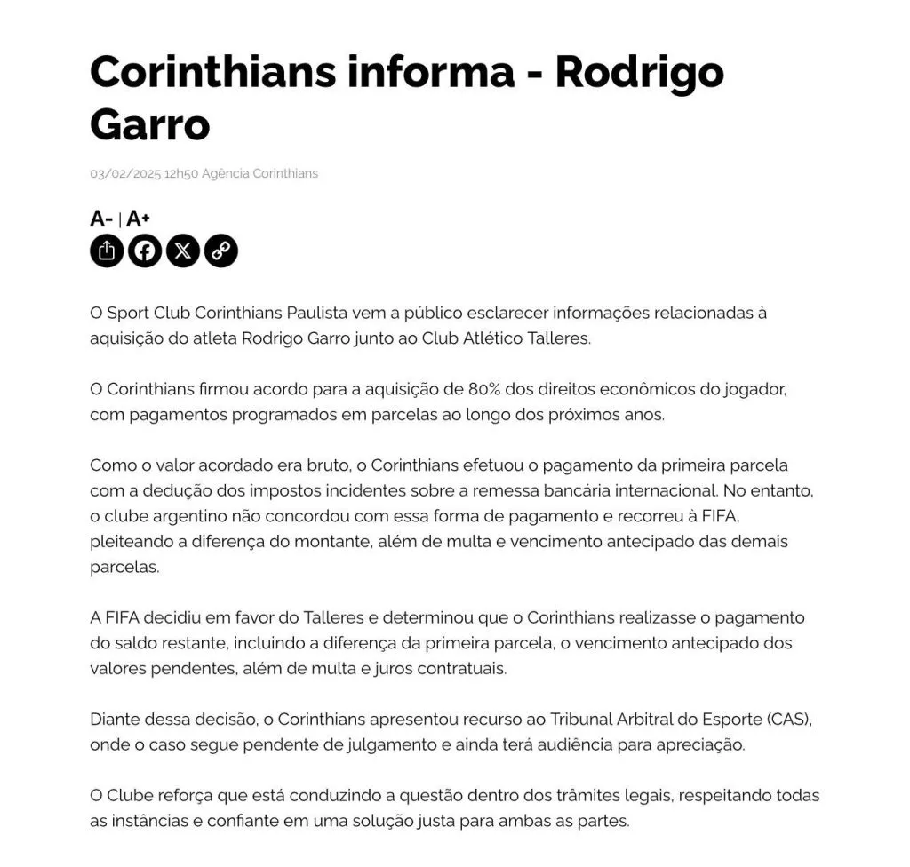 Timão se pronunciou sobre Garro – Foto: Reprodução/ site oficial SCCP
