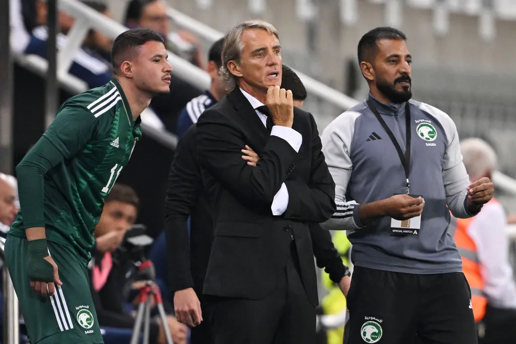 NEWCASTLE UPON TYNE, ENGLAND – SEPTEMBER 08: Roberto Mancini, Head Coach of Saudi Arabia, reacts during the International Friendly match between Saudi Arabia and Costa Rica at St James’ Park on September 08, 2023 in Newcastle upon Tyne, England. (Photo by Stu Forster/Getty Images)