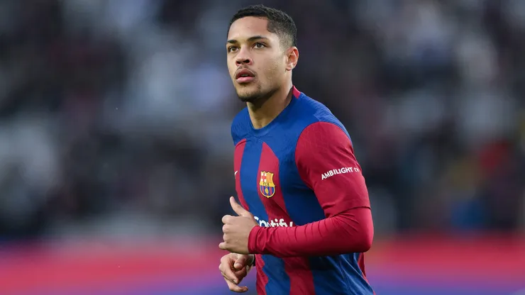 BARCELONA, SPAIN - FEBRUARY 24: Vitor Roque of FC Barcelona looks on during the LaLiga EA Sports match between FC Barcelona and Getafe CF at Estadi Olimpic Lluis Companys on February 24, 2024 in Barcelona, Spain. (Photo by David Ramos/Getty Images)