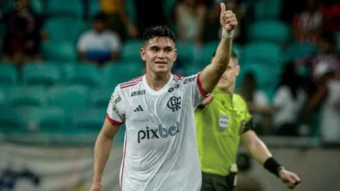 BA – SALVADOR – 05/10/2024 – BRASILEIRO A 2024, BAHIA X FLAMENGO – Alcaraz jogador do Flamengo comemora seu gol com jogadores do seu time durante partida contra o Bahia no estadio Arena Fonte Nova pelo campeonato Brasileiro A 2024. Foto: Jhony Pinho/AGIF