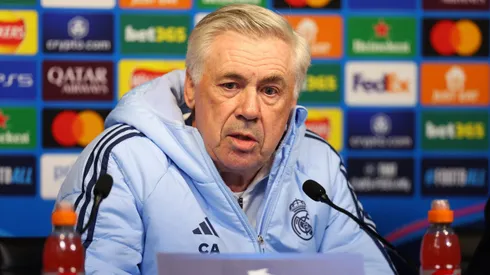 MANCHESTER, ENGLAND – FEBRUARY 10: Carlo Ancelotti, Manager of Real Madrid speaks to the media during a press conference during the UEFA Champions League 2024/25 League Knockout Play-off first Leg Training And Press Conference at Manchester City Stadium on February 10, 2025 in Manchester, England. (Photo by Molly Darlington/Getty Images)