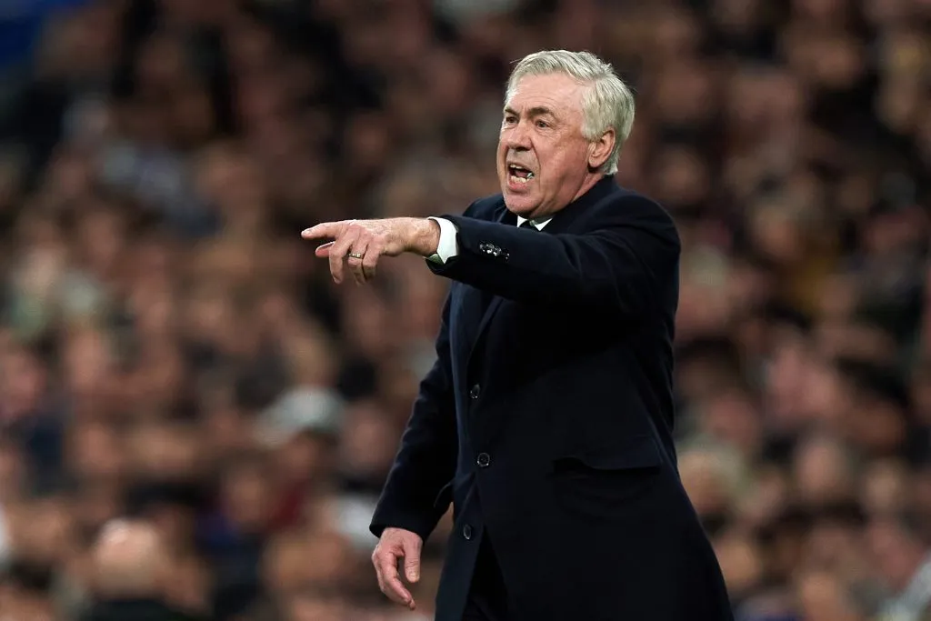 MADRID, SPAIN – FEBRUARY 08: Carlo Ancelotti, Head Coach of Real Madrid, reacts during the LaLiga match between Real Madrid CF and Atletico de Madrid at Estadio Santiago Bernabeu on February 08, 2025 in Madrid, Spain. (Photo by Angel Martinez/Getty Images)
