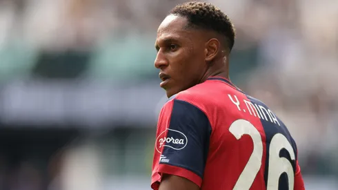 Yerry Mina of Cagliari Calcio looks on during the Serie A match between Juventus FC and Cagliari Calcio at Allianz Stadium on October 06, 2024 in Turin, Italy.