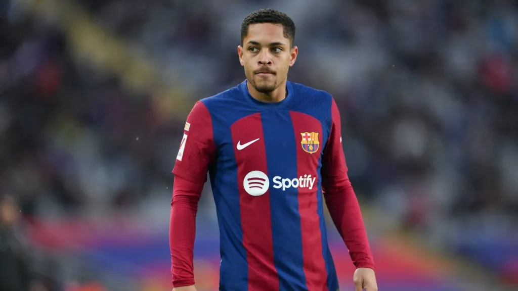 BARCELONA, SPAIN – FEBRUARY 24: Vitor Roque of FC Barcelona looks on during the LaLiga EA Sports match between FC Barcelona and Getafe CF at Estadi Olimpic Lluis Companys on February 24, 2024 in Barcelona, Spain. (Photo by David Ramos/Getty Images)