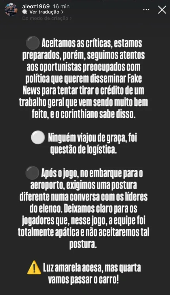 Presidente da Gaviões cobrou os jogadores – Foto: Reprodução/Instagram.