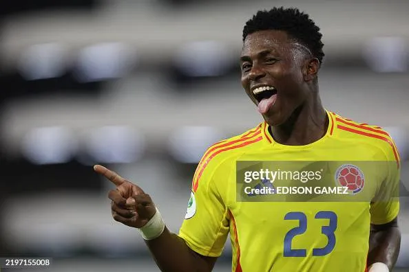 Colombia’s midfielder #23 Neiser Villarreal celebrates after scoring a goal during the 2025 South American U-20 football championship final round match between Colombia and Paraguay at the Brígido Iriarte stadium in Caracas on February 4, 2025. (Photo by Edison GAMEZ / AFP) (Photo by EDISON GAMEZ/AFP via Getty Images)