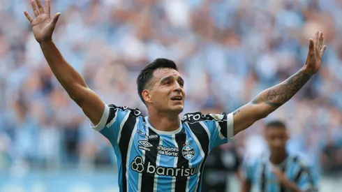 Franco Cristaldo jogador do Gremio comemora seu gol durante partida contra o Juventude no estadio Arena do Gremio pelo campeonato Gaucho 2024.