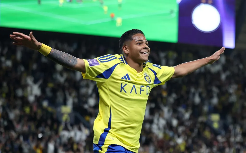 RIYADH, SAUDI ARABIA – DECEMBER 02: Wesley of Al-Nassr celebrates his team’s first goal, an own goal scored by Romain Saiss of Al-Sadd (not pictured) during the AFC Champions League Elite match between Al-Nassr and Al-Sadd at King Saud University Stadium on December 02, 2024 in Riyadh, Saudi Arabia. (Photo by Abdullah Ahmed/Getty Images)