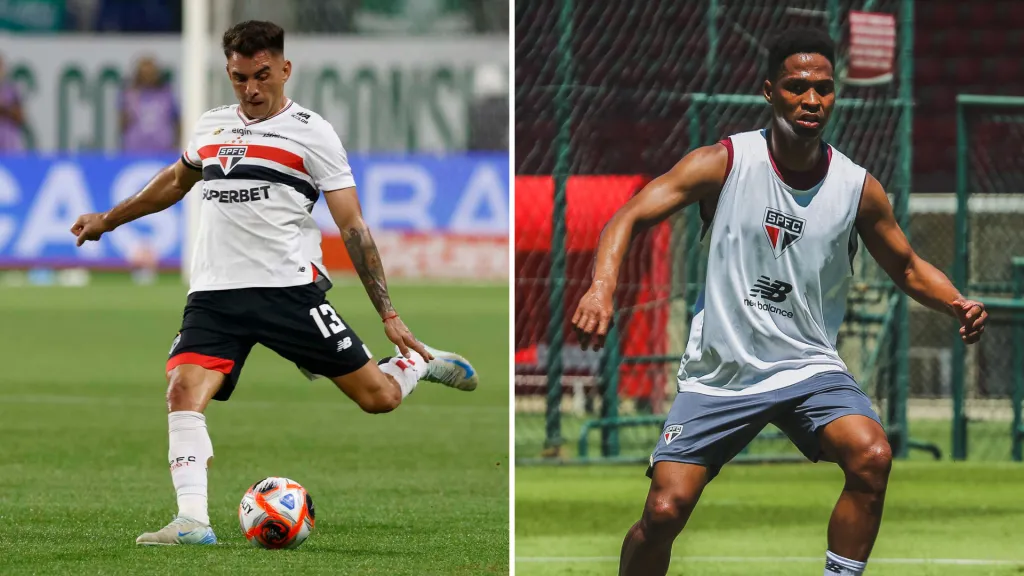 Foto 1: Rubens Chiri / São Paulo FC Foto 2: Erico Leonan / São Paulo FC – Enzo Díaz e Wendell, laterais do São Paulo.