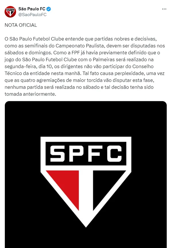 São Paulo solta nota oficial sobre confronto contra o Palmeiras (Imagem: Reprodução/X)