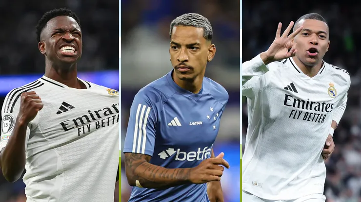 Foto 1: Denis Doyle/Getty Images / Foto 2: Gilson Lobo/AGIF / Foto 3: David Ramos/Getty Images - Vini Jr, Matheus Pereira e Mbappé.