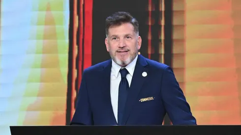 LUQUE, PARAGUAY - MARCH 17: President of CONMEBOL Alejandro Dominguez speaks during the Copa CONMEBOL Libertadores and Sudamericana 2025 draw on March 17, 2025 in Luque, Paraguay. (Photo by Christian Alvarenga/Getty Images)