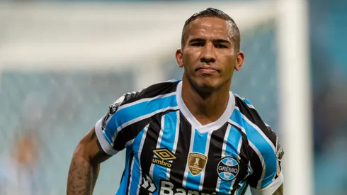 Gremio x Monagas – Jael do Gremio comemora seu gol durante partida contra o Monagas no estadio Arena do Gremio pelo campeonato Libertadores 2018.