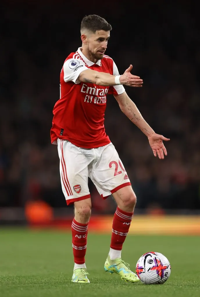 LONDON, ENGLAND – MAY 02: Jorginho of Arsenal during the Premier League match between Arsenal FC and Chelsea FC at Emirates Stadium on May 02, 2023 in London, England. (Photo by Alex Pantling/Getty Images)