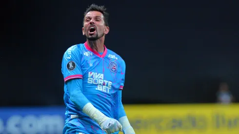 Marcos Felipe, jogador do Bahia comemorando o gol de Jean Lucas, durante partida contra o Boston River no estadio Arena Fonte Nova pelo campeonato Copa Libertadores 2025. Foto: Walmir Cirne/AGIF
