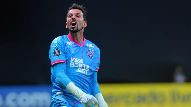 Marcos Felipe, jogador do Bahia comemorando o gol de Jean Lucas, durante partida contra o Boston River no estadio Arena Fonte Nova pelo campeonato Copa Libertadores 2025. Foto: Walmir Cirne/AGIF
