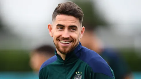 Jorginho of Italy reacts during the Italy training session ahead of the Euro 2020 Final match between Italy and England at Tottenham Hotspur Training Centre on July 10, 2021 in Enfield, England.