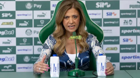 Leila Pereira durante entrevista coletiva no Palmeiras. Foto: Ettore Chiereguini/AGIF
