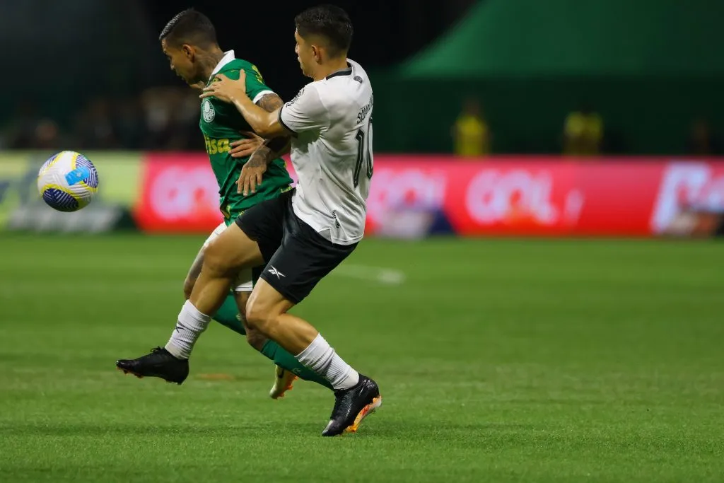 SP – SAO PAULO – 26/11/2024 – BRASILEIRO A 2024, PALMEIRAS X BOTAFOGO – Dudu jogador do Palmeiras em disputa de bola com jogador Almada do Botafogo, durante partida contra o Botafogo no estadio Arena Allianz Parque pelo campeonato Brasileiro A 2024. Foto: Joisel Amaral/AGIF