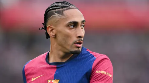 Raphinha of FC Barcelona looks on during the La Liga EA match between FC Barcelona and Real Sociedad at Estadi Olimpic Lluis Companys on March 02, 2025 in Barcelona, Spain.