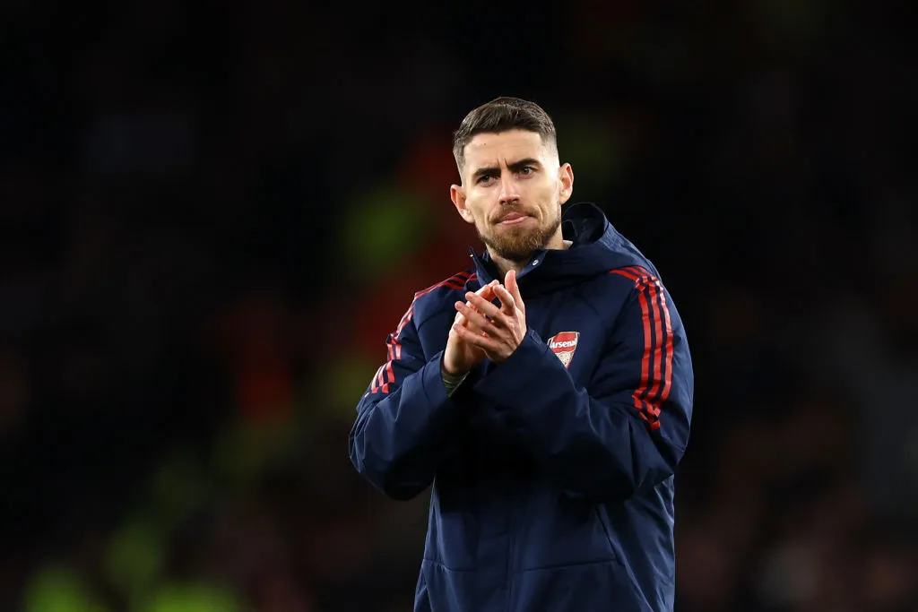 LONDON, ENGLAND – MAY 02: Jorginho of Arsenal applauds the fans after the team’s victory in the Premier League match between Arsenal FC and Chelsea FC at Emirates Stadium on May 02, 2023 in London, England. (Photo by Alex Pantling/Getty Images)