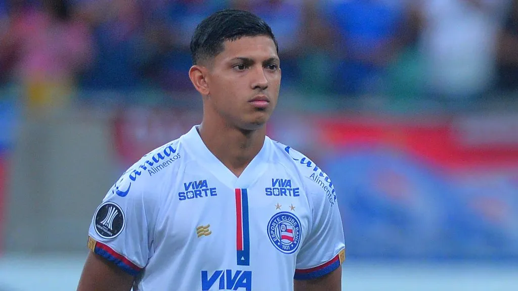 Erick Pulga, jogador do Bahia durante partida contra o Boston River no estadio Arena Fonte Nova pelo campeonato Copa Libertadores 2025. Foto: Walmir Cirne/AGIF