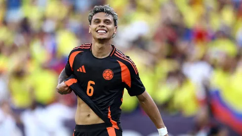 Richard Ríos of Colombia reacts after scoring the team's third goal during the second half against the United States at Commanders Field on June 08, 2024 in Landover, Maryland.