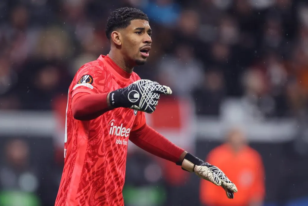 FRANKFURT AM MAIN, GERMANY – MARCH 13: Kaua Santos of Eintracht Frankfurt reacts during the UEFA Europa League 2024/25 Round of 16 Second Leg match between Eintracht Frankfurt and AFC Ajax at  on March 13, 2025 in Frankfurt am Main, Germany. (Photo by Alex Grimm/Getty Images)