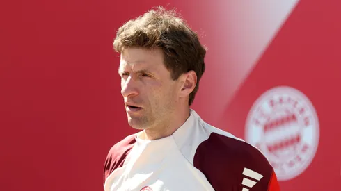 Thomas Müller of Bayern Munich looks on during a training session and press conference ahead of their UEFA Champions League 2024/25 quarter final first leg match at Saebener Strasse training ground on April 07, 2025 in Munich, Germany.