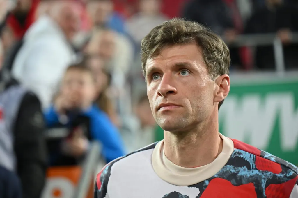 AUGSBURG, GERMANY – APRIL 04: Thomas Müller of FC Bayern München looks on prior to the Bundesliga match between FC Augsburg and FC Bayern München at WWK-Arena on April 04, 2025 in Augsburg, Germany. (Photo by Sebastian Widmann/Getty Images)