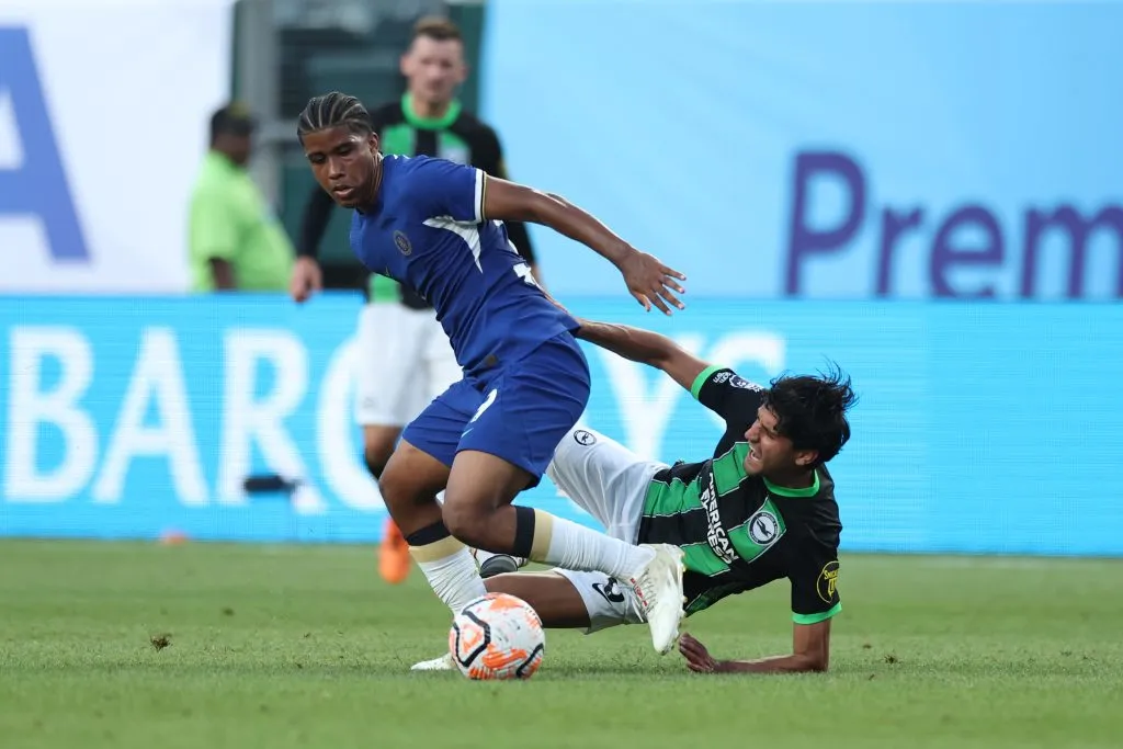 PHILADELPHIA, PENNSYLVANIA – JULY 22: Andrey Santos #39 of Chelsea and Mahmoud Dahoud #8 of Brighton &amp; Hove Albion fight for the ball during the first half of the pre season friendly match at Lincoln Financial Field on July 22, 2023 in Philadelphia, Pennsylvania. (Photo by Tim Nwachukwu/Getty Images)
