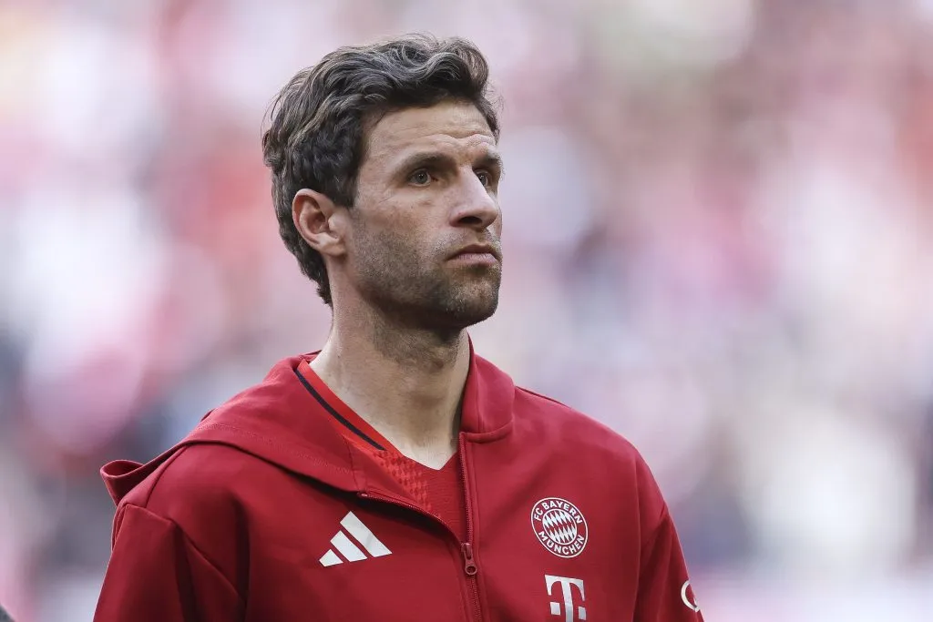 MUNICH, GERMANY – APRIL 12: Thomas Mueller of Bayern Muenchen looks on prior to the Bundesliga match between FC Bayern München and Borussia Dortmund at Allianz Arena on April 12, 2025 in Munich, Germany. (Photo by Maja Hitij/Getty Images)