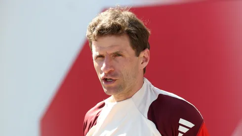 Thomas Mueller of Bayern Munich looks on during a training session and press conference ahead of their UEFA Champions League 2024/25 quarter final first leg match at Saebener Strasse training ground on April 07, 2025 in Munich, Germany.