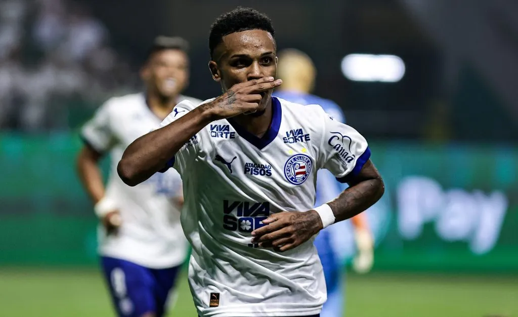SP – SAO PAULO – 27/04/2025 – BRASILEIRO A 2025, PALMEIRAS X BAHIA –  Kayky jogador do Bahia comemora seu gol durante partida contra o Palmeiras no estadio Arena Allianz Parque pelo campeonato Brasileiro A 2025. Foto: Fabio Giannelli/AGIF