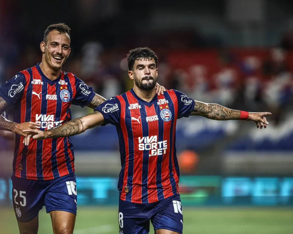 Cauly jogador do Bahia comemora seu gol durante partida contra o Paysandu no estadio Mangueirao pelo campeonato Copa Do Brasil 2025. Foto: Marcos Junior/AGIF
