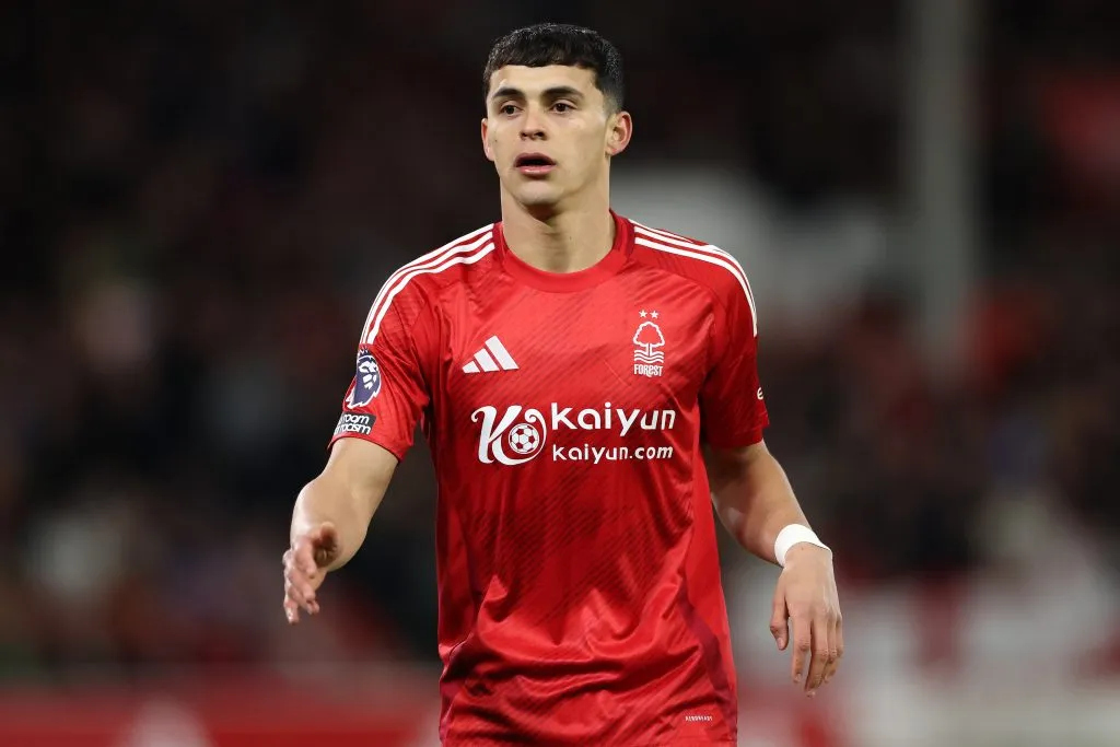NOTTINGHAM, ENGLAND – APRIL 01:  Ramon Sosa of Nottingham Forest during the Premier League match between Nottingham Forest FC and Manchester United FC at City Ground on April 01, 2025 in Nottingham, England. (Photo by Michael Steele/Getty Images)