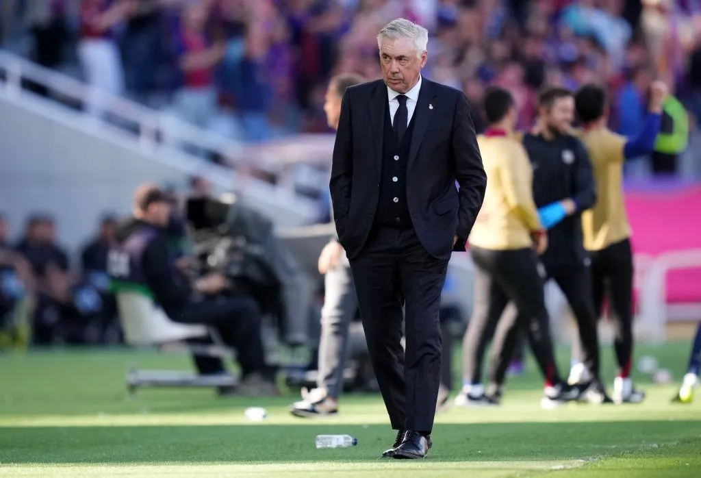 BARCELONA, SPAIN – MAY 11: Carlo Ancelotti, Head Coach of Real Madrid, looks on during the LaLiga match between FC Barcelona and Real Madrid CF at Estadi Olimpic Lluis Companys on May 11, 2025 in Barcelona, Spain. (Photo by Alex Caparros/Getty Images)