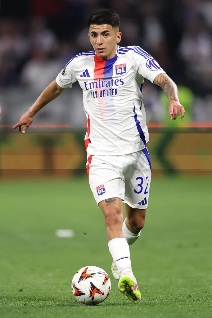DECINES-CHARPIEU, FRANCE – APRIL 10: Thiago Almada of Olympique Lyonnais during the UEFA Europa League 2024/25 Quarter Final First Leg match between Olympique Lyonnais and Manchester United at OL Stadium on April 10, 2025 in Decines-Charpieu, France. (Photo by Michael Steele/Getty Images)
