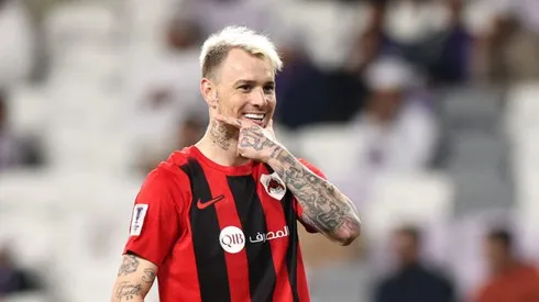 Roger Guedes of Al-Rayyan SC celebrates scoring his team's second goal during the AFC Champions League Elite match between Al Ain and Al-Rayyan at Hazza bin Zayed Stadium on February 03, 2025 in Al Ain, United Arab Emirates. (Photo by Francois Nel/Getty Images)