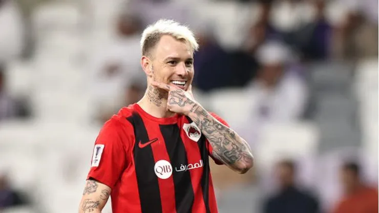 Roger Guedes of Al-Rayyan SC celebrates scoring his team's second goal during the AFC Champions League Elite match between Al Ain and Al-Rayyan at Hazza bin Zayed Stadium on February 03, 2025 in Al Ain, United Arab Emirates. (Photo by Francois Nel/Getty Images)